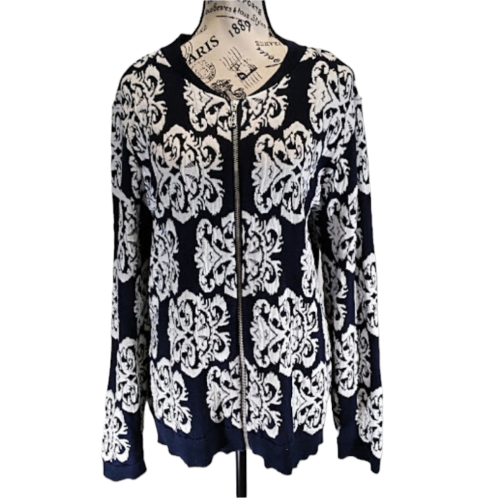 Christopher and Banks Navy/White Zipper Front Geometric Pattern Cardigan Size XL